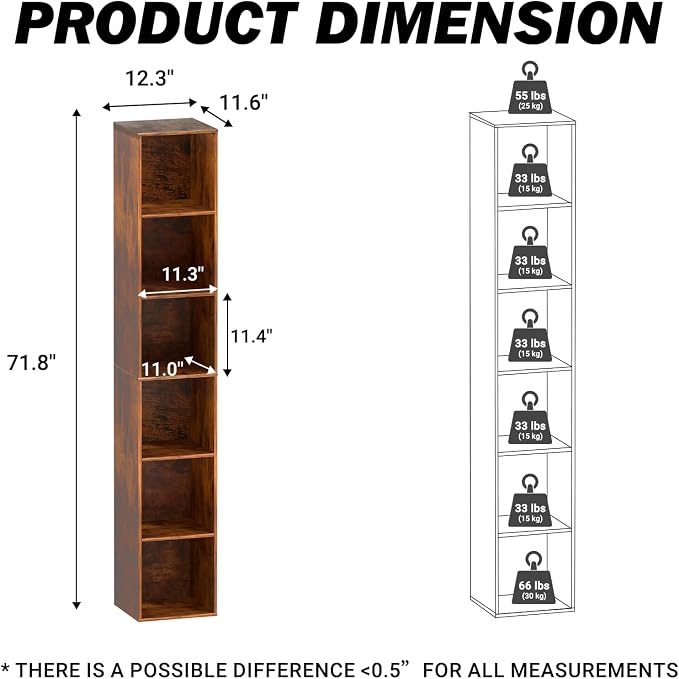 Cube Storage Organizer, 6 Cube Retro Bookshelf, Freestanding 6 Tier Open Shelf, Rustic Brown Retro Shelves for Home Office, Bedroom, Living Room, Study