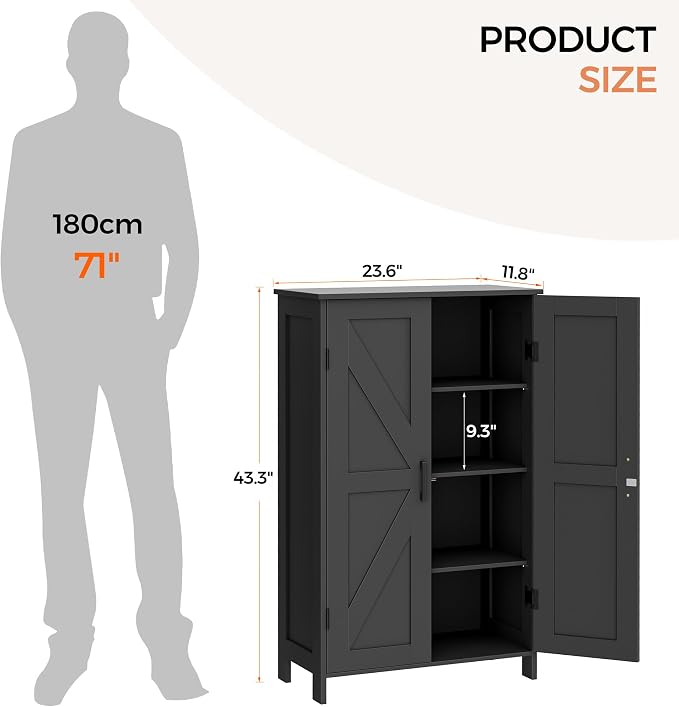 Homleke 43.3" H Farmhouse Bathroom Storage Cabinet with Adjustable Shelves | Freestanding Storage Cabinet with Barn Doors for Bathroom, Kitchen, Living Room, Dining Room & Entryway, Black