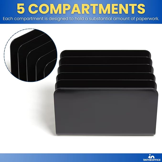 1InTheOffice Inclined Desktop File Organizer, Plastic Desk File Sorter for Documents, Space-Saving, Black, 5 Compartments