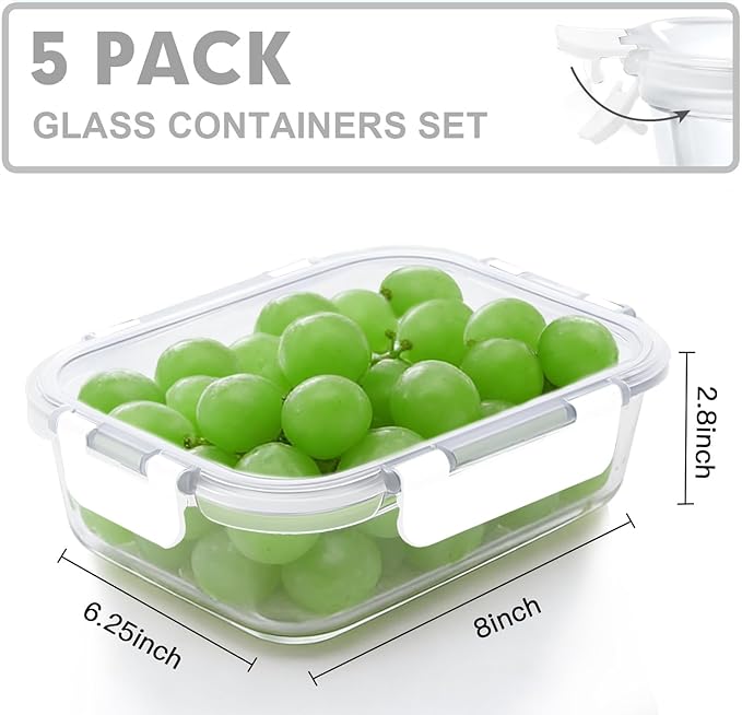 VERONES 5 PACK 36 OZ Glass Meal Prep Containers Set with Lids, White | Airtight Glass Lunch Containers Set, Food Storage Containers with Lids, for Microwave, Oven, Freezer & Dishwasher Friendly