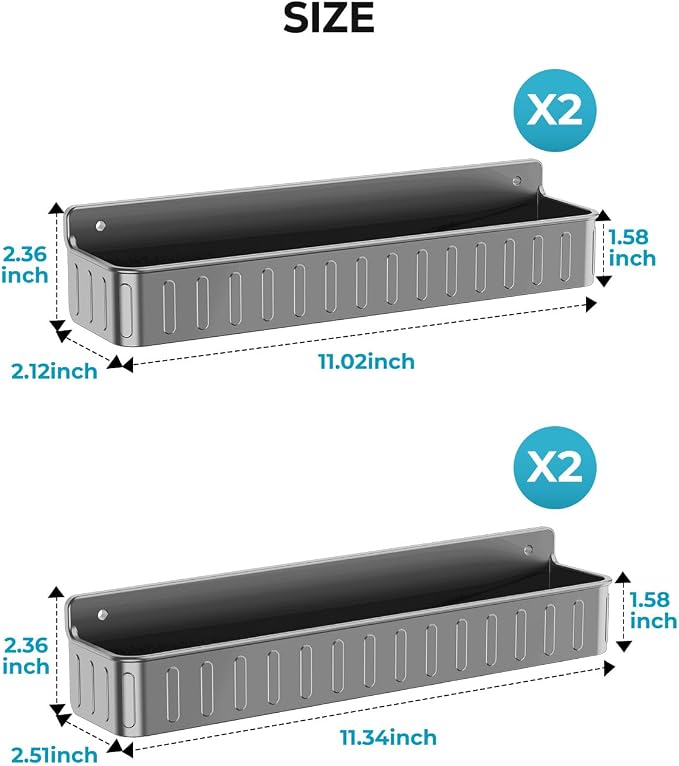 Nieifi Spice Rack Wall Mount, 4 Pack Grey, 2" Depth, Screw/Adhesive | Wall-Mounted with Removable Hooks Saves Counter Space, Fits 2" Deep Jars, Ideal for Kitchen Cabinets, Pantry Doors, and RVs.