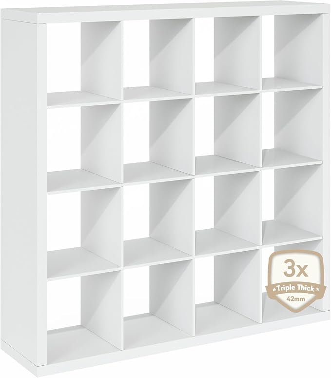 Furinno Cubicle Book Shelf, 16-Cube Bookshelf, Triple Thick Frame Cube Storage Organizer, 1.65" Bookcase, 15.4 x 57.4 x 56.9, for Home Office, Living Room, Plain White