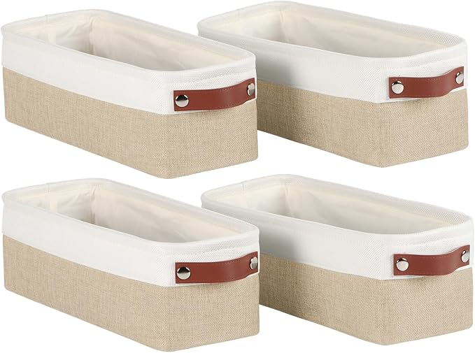 Univivi Small Fabric Storage Bins,15x6x5 inch,4 Pack,Khaki | Metal Frame,Hard Cardboard Bottom,Foldable,with PU Handles,Long Narrow Storage Baskets,Organizing Small Items