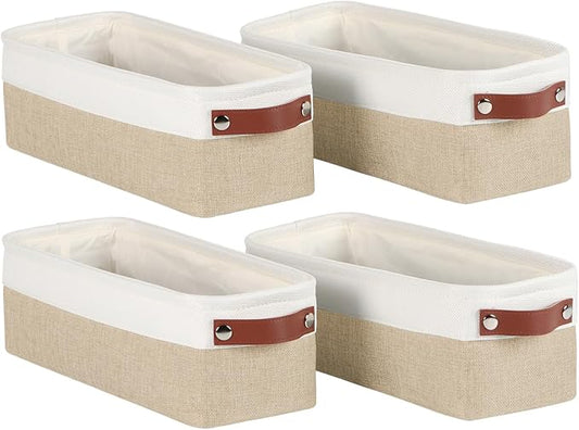 Univivi Small Fabric Storage Bins,15x6x5 inch,4 Pack,Khaki | Metal Frame,Hard Cardboard Bottom,Foldable,with PU Handles,Long Narrow Storage Baskets,Organizing Small Items