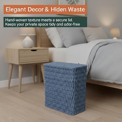 Coeusy 3 Gallon Paper Rope Bathroom Trash Can,Small Wicker Trash Cans with Lid and Liner,Woven Rattan Narrow Waste Basket for Bedroom,Office,Blue