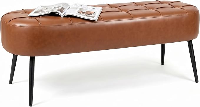 Entryway Bench, Modern PU Leather Upholstered End of Bed Bench Brown | Shoe Bench with Tufted Seat, 660 lb Capacity, Sturdy Metal Legs, Mid-Century Style, For Hallway, Living Room, Bedroom, Foyer
