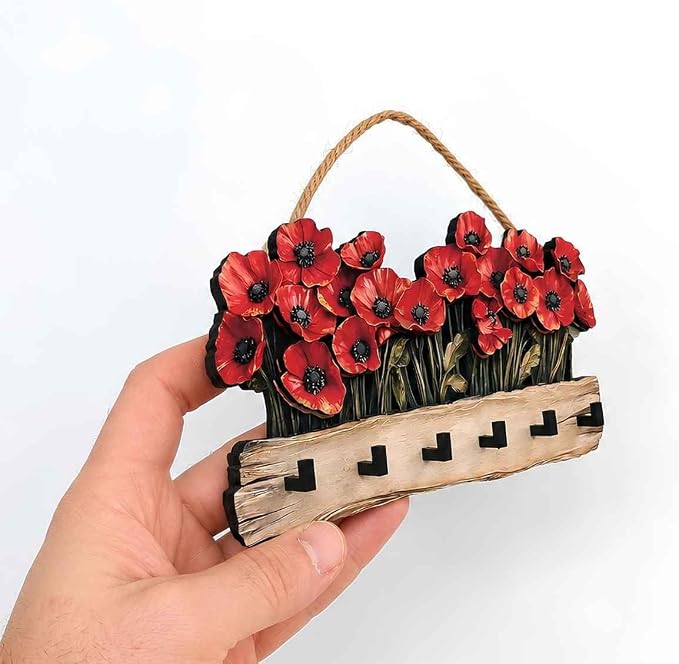 Oak & Hearth Wooden Key Holder for Wall – Rustic Poppy Flower Key Rack with 6 Hooks – Farmhouse Entryway Organizer & Wall Decor