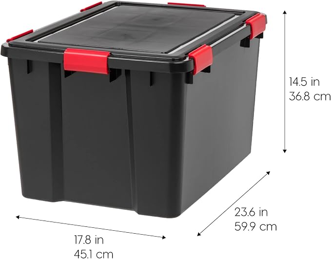 IRIS USA 4-Pack 74 Qt Storage Bins with Gasket Lids, Black/Red | WeatherPro seal helps protect bulky items for moving, garage, attic and basement storage