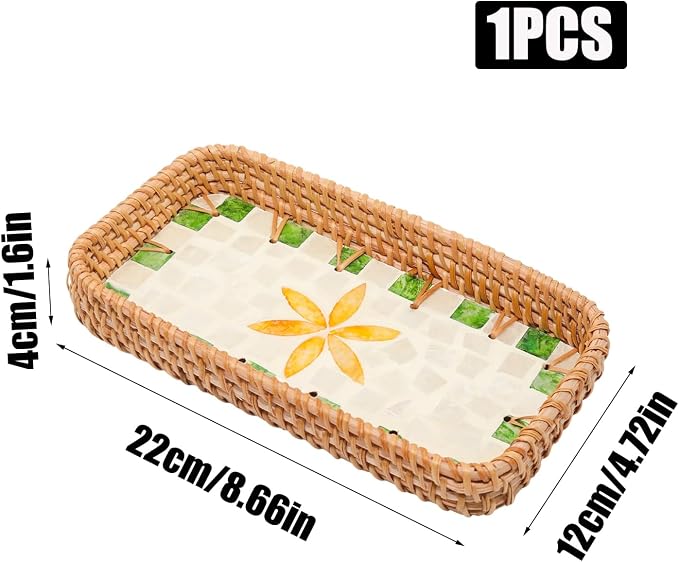 Small Rattan Decorative Tray with Mother of Pearl Inlay, 8.3x4.3 | Extra Small Handwoven Wicker Tray with Mother of Pearl Base for Coffee Table Bathroom Entryway Boho Farmhouse Home Decor Gift
