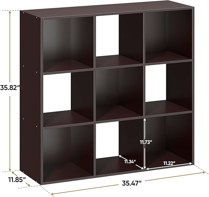 ZenStyle 9 Cube Storage Shelf Organizer, Wooden Bookshelf System Display Cube Shelves Compartments, Customizable W/ 5 Removable Back Panels (Brown, 9 Cube)