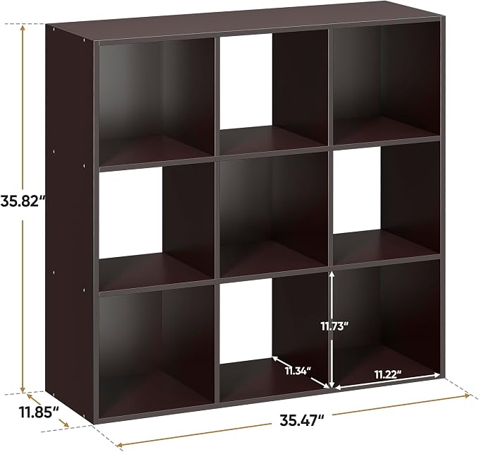 SUPER DEAL 9 Cube Storage Organizer, 3 Tier Bookshelf Open Shelf Display Rack with 5 Removable Back Panels Wood Bookshelf System for Home, Office, Bedroom, Living Room, Dark Brown