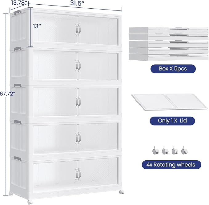 800QT Extra Large Stackable Storage Bins with Lid, 200Gal Plastic Closet Organizers and Storage Drawer, Collapsible Cabinet Box with Wheels Clear Doors for Home Kitchen Garage, 5Pack White