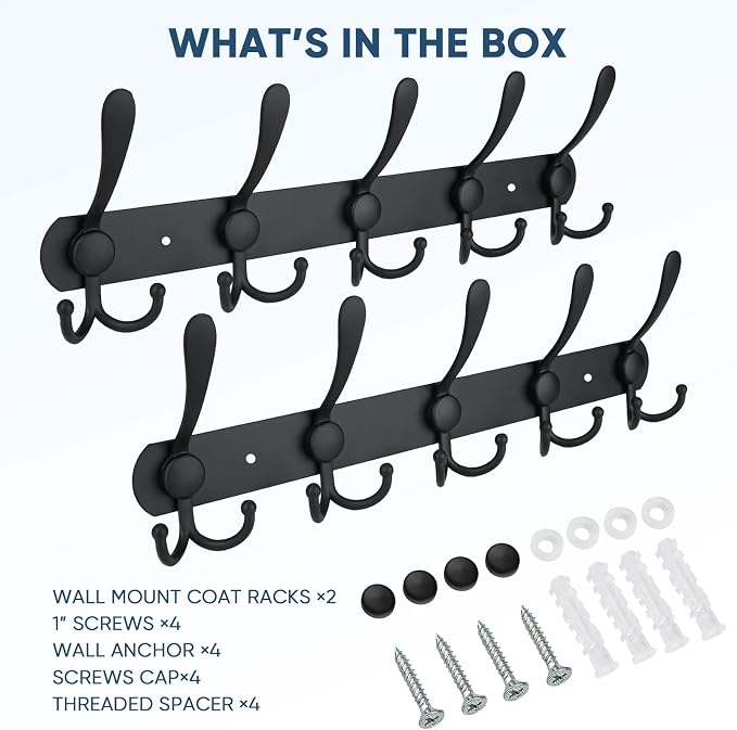 TICONN Wall Mounted Coat Rack, Five Heavy Duty Tri Hooks All Metal Construction for Jacket Coat Hat in Mudroom Entryway (Matte Black, 2-Pack)