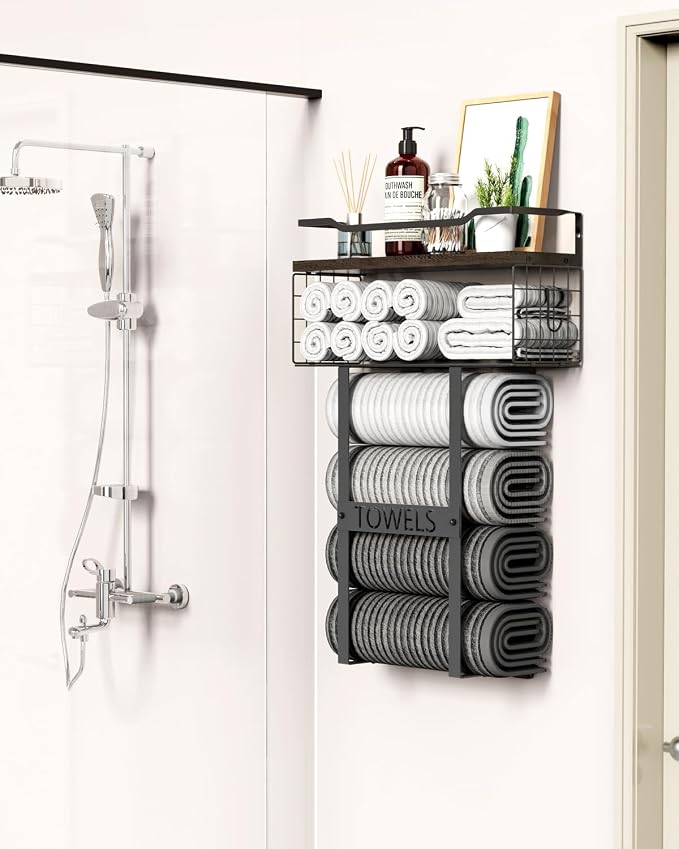 Rustic Brown Wood Vertical Towel Rack - Bath Wall Holder Set Above Toilet Storage, Rolled Towel Shelf Organizer for Small Bathrooms
