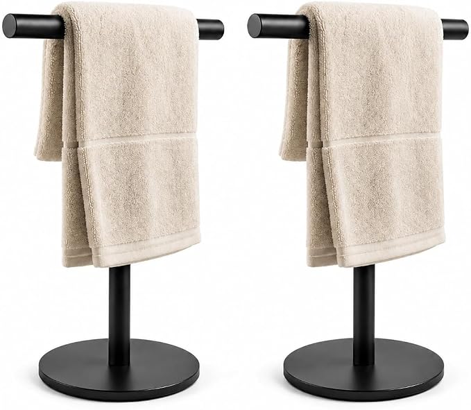 Bathroom Hand Towel Holder Stand，T-Shape Hand Towel Holder Stand SUS304 Stainless Steel Matte Black for Bathroom，Kitchen or Vanity Countertop(2 Pack)