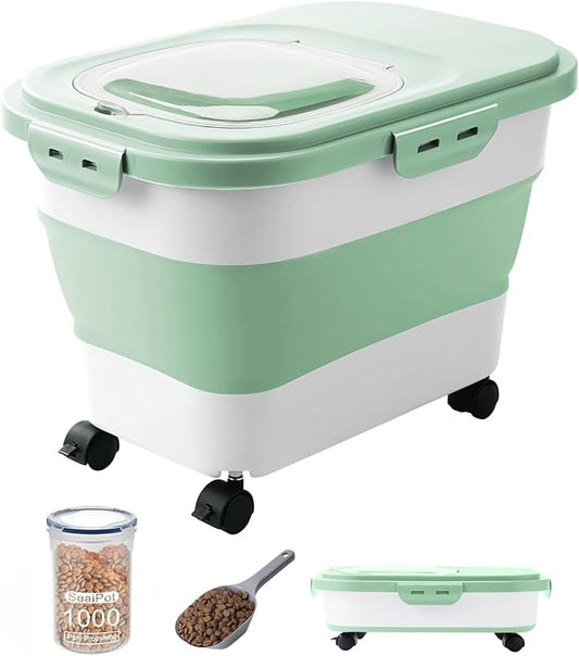20-23Lbs Dog Food Storage Container Airtight,Collapsible Dog Food Container | Pet Food Storage with Double Airtight Seal & Magnetic Lid,Cat Food Container with Wheels for Easy Moving,Small Jar,Scoop