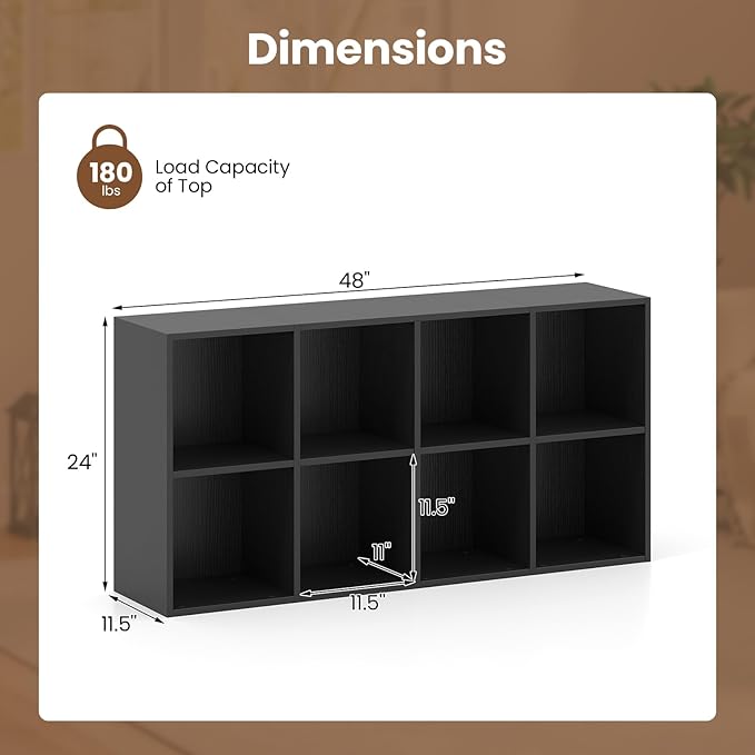 Giantex 8-Cube Bookcase, 3-Tier Cubby Bookshelf, Horizontal Vertical Display Rack with Anti-Tipping Kits, Modern Storage Organizer Shelf Unit for Bedroom, Living Room, Study (Black, 8-Cube)