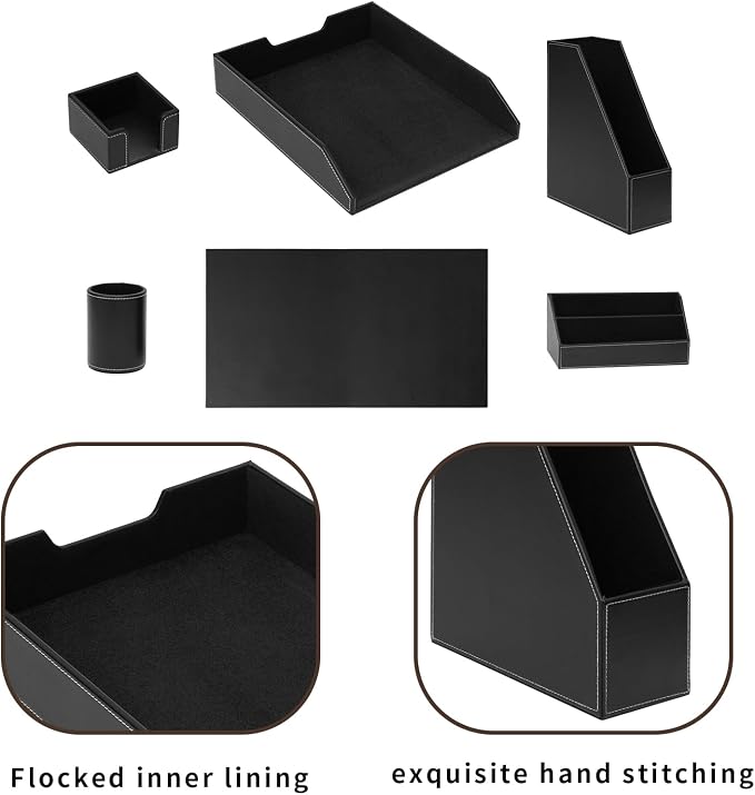 Office Supplies PU Leather 6-Piece Set Desk Organizer,Include Writing Pad,Letter Tray,file folder Sorter/Magazine Holder,Pen Cup,Note Holder,Business Card Holder,Man/Woman Office Gift,Black