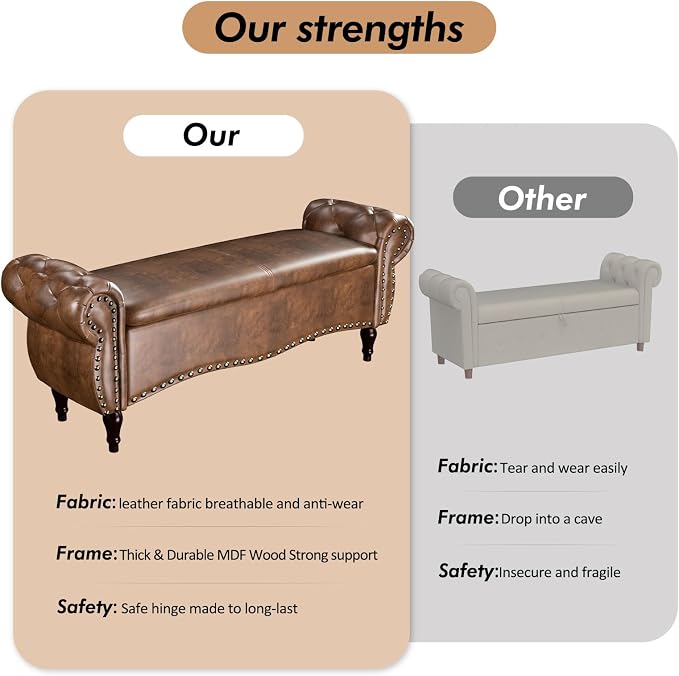 ZZW Storage Ottoman Bench, 51" Length Upholstered End of Bed Storage Bench for Bedroom with Safety Hinge, Tufted Bed Benches with Rolled Arm and Nailhead Trim for Living Room, Entryway Brown