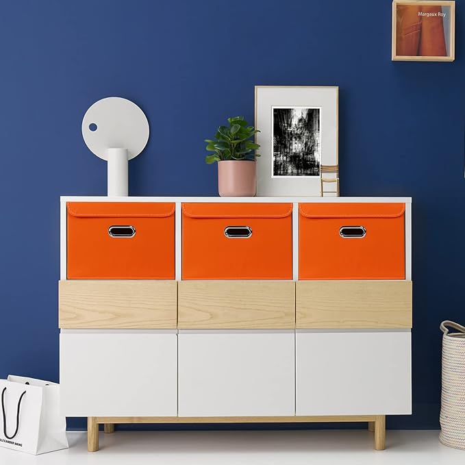 STOREONE Fabric Storage Cube Bins Foldable Organizer Container Collapsible Basket with Lids and Metal Handles, for Home, Bedroom, Closet 3 Pcs (Orange)
