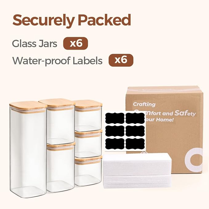 ComSaf Glass Storage Containers Set of 6 (2.2Qt/1.2Qt/0.8Qt/0.6Qt*3) | Pantry Storage Containers, Kitchen Jar, Glass Canisters, Bamboo Lid with Silicone Seal, Flour, Cereal, Spice Jar, BPA Free