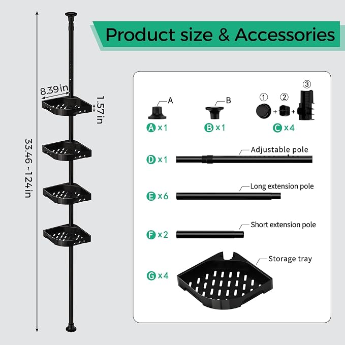 shuang qing 4-Tier Corner Shower Caddy Tension Pole Organizer - Adjustable Rustproof Metal Tension Pole, Plastic Shelves with Safety Guardrail, Bathroom Storage for Shower & Bathtub(Black)