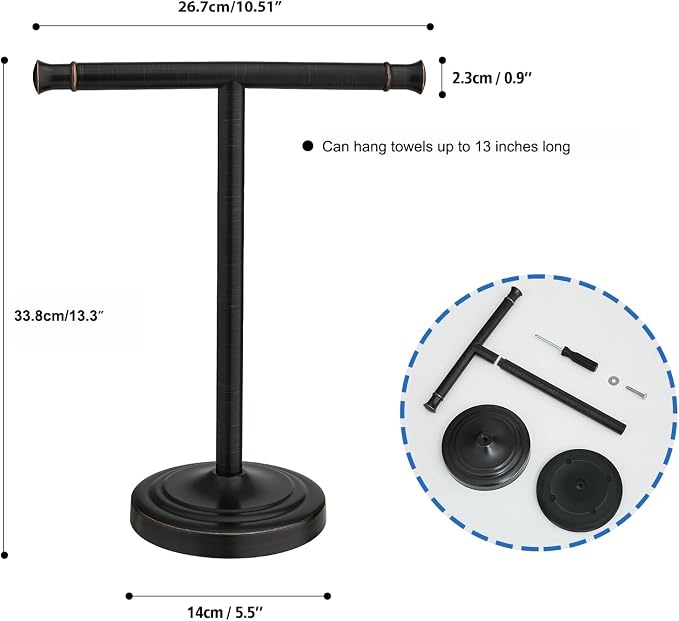 RUMOSE Oil Rubbed Bronze Hand Towel Holder Stand Countertop Towel Rack | 13 Inch Bathroom Kitchen Vanity T-Shape Towel Stand Free Standing Stainless Steel Towel Bar Towel Ring