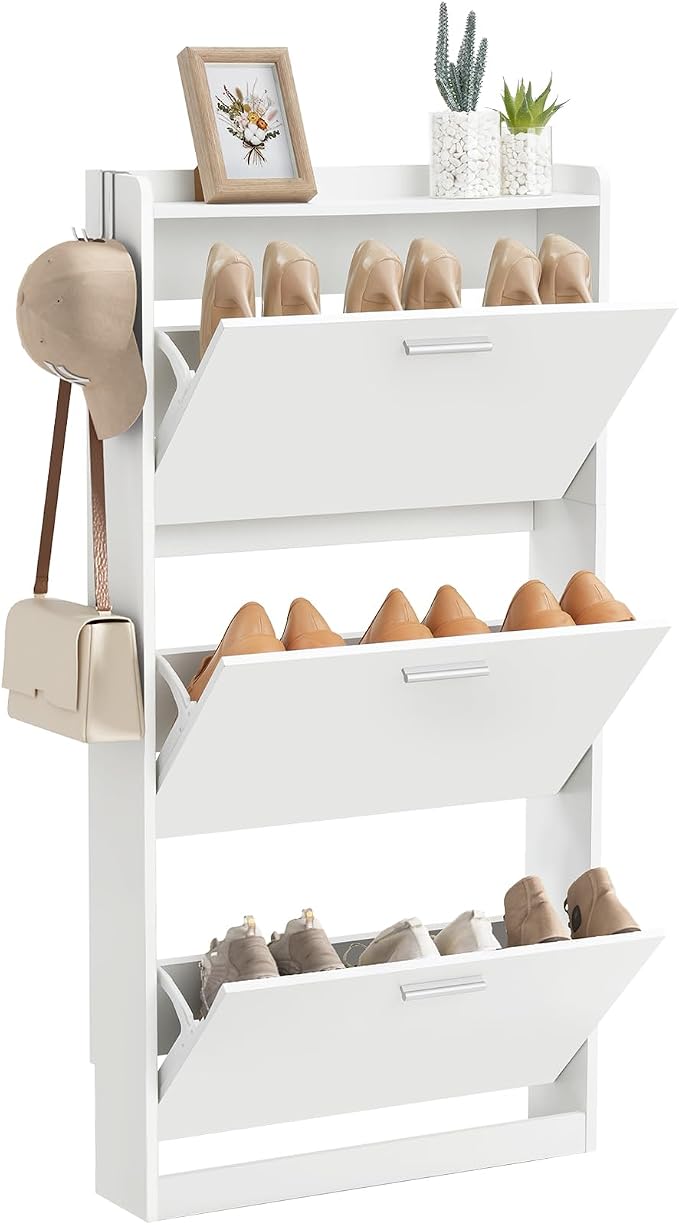 Slim Shoe Cabinet with 3 Flip Drawers,Narrow Shoe Rack 23.6" W White | Freestanding shoe storage cabinet for entryway,foyer and hallway,slim design and space-saving flip drawers