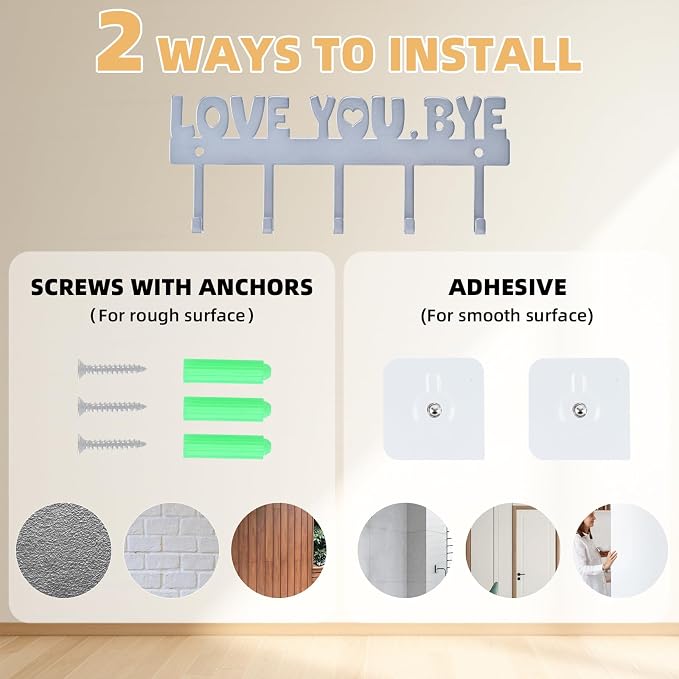 5-Hook Adhesive Wall Mount Key Holder, Silver | No-Drill Easy Install, For Door, Kitchen, Entryway, 10x4 Inches