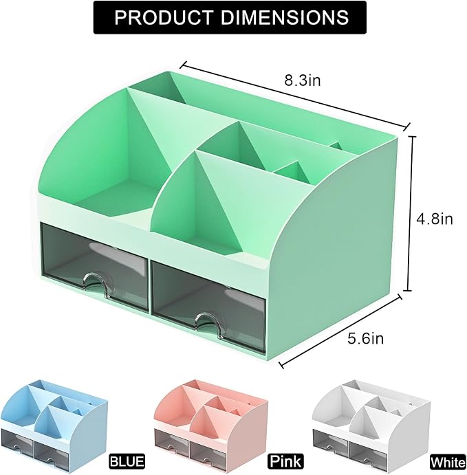 COMFYROOM Desk Organizer with 6 Compartments and 2 Drawers, Plastic Makeup Organizer, Pen Holder for Desktop Storage, Desk Organization for School, Home, Office Supplies (Mint Green)