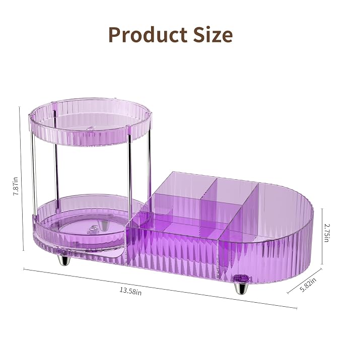 360 Rotating Vanity Makeup Organizer, 2 Small Trays & 5 Compartments for Cosmetics, Skincare, Perfume, Lipstick & Make up Brushes Holder, Purple Countertop Organizers and Storage for Dresser, Bathroom