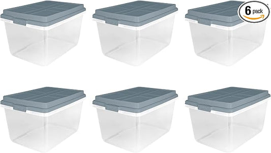 Hefty 72 Quart Hi-Rise Storage Bin with Lid, Stackable Plastic Container Tote for Home, Office, and Classroom Organization, 6 Pack, Smoke Blue