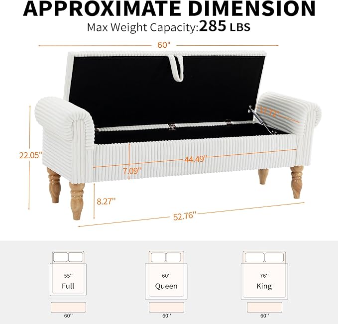 60" Corduroy Storage Bench, Queen End of Bed, White | Corduroy Upholstered, Bedroom/Entryway/Closet, Storage Ottoman Bench, Window Seat, Lift-Top, Tufted Button, Solid Wood Legs.
