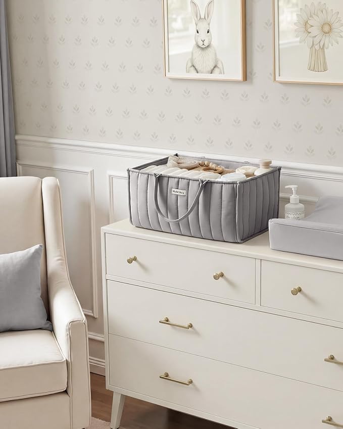 Blissful Diary Baby Diaper Caddy Organizer, Stylish Storage Basket for Newborn Essentials and Diaper Station, Gift for Baby Shower and Registry Must-Have, Light Gray