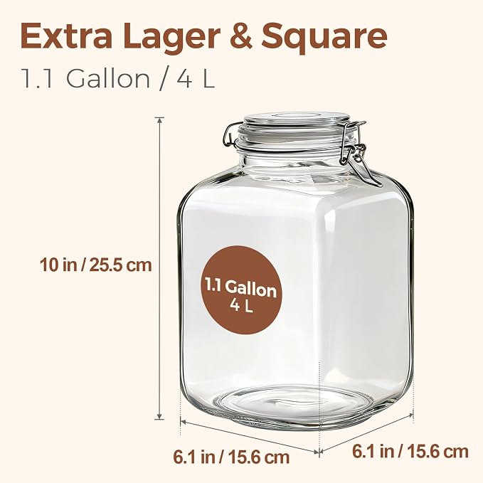 ComSaf Square Glass Pantry Jars with Airtight Lids 1.1 Gallon 2 Pack Large | Flour sugar rice, Coffee beans, Sourdough pickling, Pantry organization, Pickling fermenting, Cabinet organization, Snacks