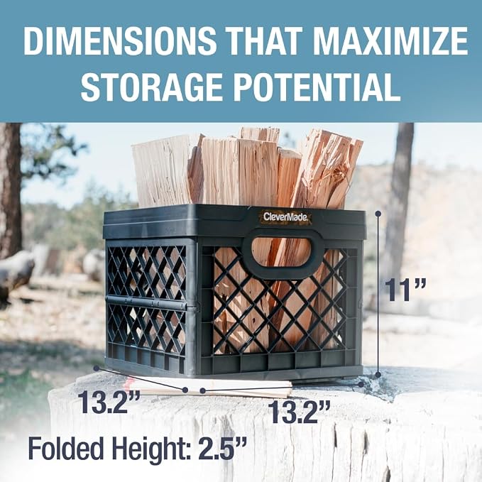 CleverMade Collapsible Milk Crate, 25L, 50 lb, Obsidian | Built-in rails hold letter-size hanging files. Interlocking crates stack open or folded and carry up to 50 lb each.