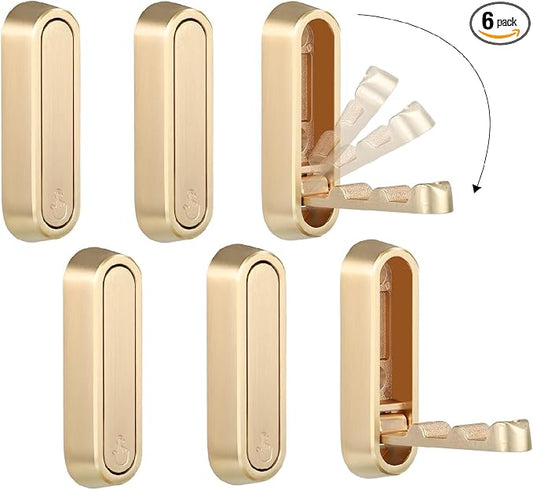 Folding Coat Hooks, Gold, 6 Pack, Wall Hook, Hanging Towels Clothes Bag | 90° Foldable Design, Foldable Hook Wall Mounted, Includes Screws And Anchors, For Hanging Coats Towels Hat Bags Keys