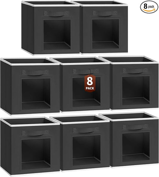 Foldable Storage Cubes - Cubby Storage Organizer with Window, Decorative Baskets for Organizing, Fabric Bins for Clothes Storage, Closet Storage Cubes-11inch, 8 Pack, Black