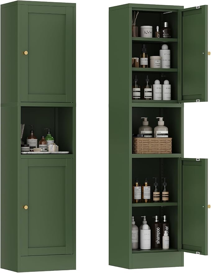 67" Tall Narrow Storage Cabinet with Doors and Open Shelf,Metal Pantry Cabinet,Shaker Style Slim Cabinet with Adjustable Shelves,for Bathroom Kitchen Laundry Small Spaces,Forest Green,1Pc