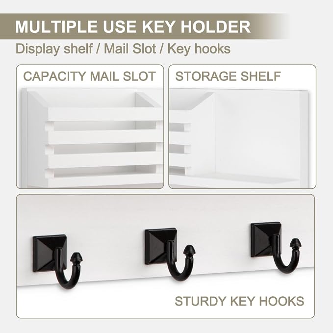Key Holder Wall Mount, Mail Organizer for Wall with 5 Square Rustic Key Hooks Key Shelf Farmhouse Home Decor for Entryway