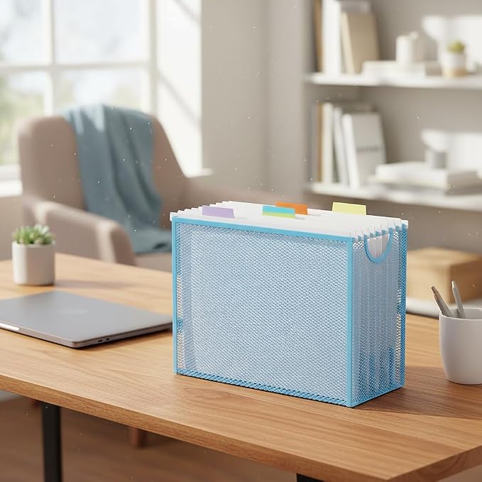 Letter-Size Hanging File Organizer (Blue, with 5 Grey Folders) | File Holder Filing Box for Desk, Metal Mesh Desk File Folder Storage for Office(No Assembly Required)