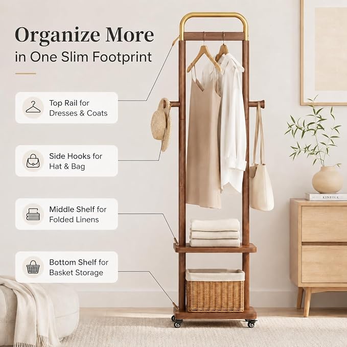 Solid Rubberwood Coat Rack – 71.2" Tall Standing Rack with Locking Wheels, 2-Tier Shelves & Side Hooks, Slim Hall Tree for Entryway or Bedroom (Walnut Brown 15.7" W x 71.2" H)