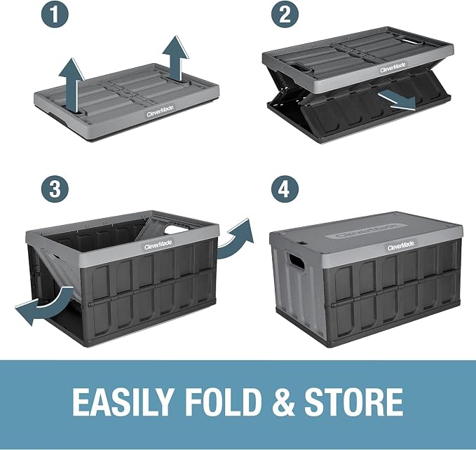 CleverMade Collapsible Storage Bins with Lids, 46L, 3 Pack, Obsidian | Each bin supports 75 lb and stacks with or without its lid. The lid stores underneath, and the crate folds to 2.5 inches.