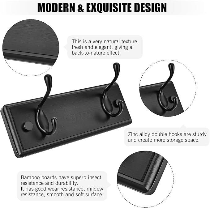 Badiano Wooden Coat Rack, Wall-Mounted Organizer for Closet, Entryway, Hallway, Foyer, Bedroom, Heavy Duty Double Hooks for Hanging Towels, Bags, Hats, Jackets, Key (Black, 2 Hooks)