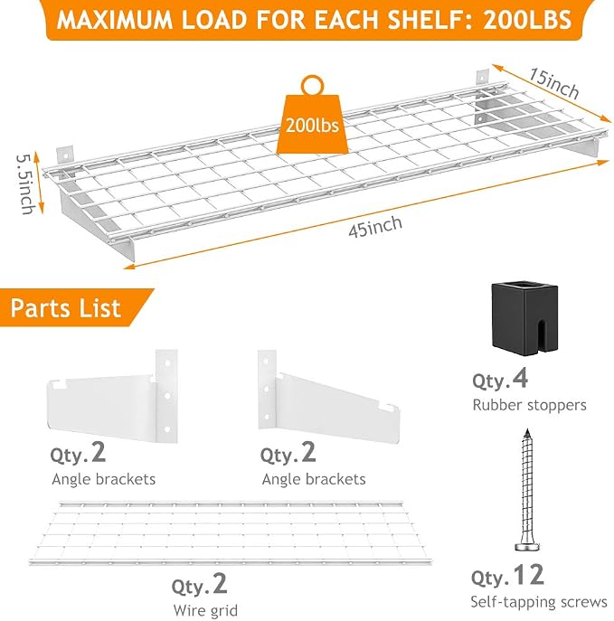 Wallmaster 2-Pack 15x45 Heavy Duty Garage Wall Shelving 45-inch-by-15-inch Wall Mount Garage Storage Rack Floating Shelves Max Load 400lb White