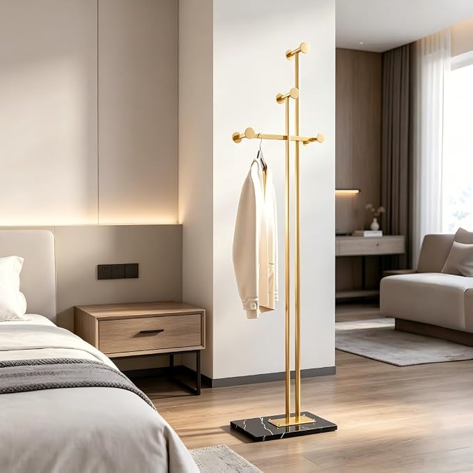 Metal Coat Rack Freestanding for Entryway (Gold) | Heavy Duty, Marble Base, Metal Frame, Essential Items Organizer for Clothes Bags, for Bedroom Living Room Hotel
