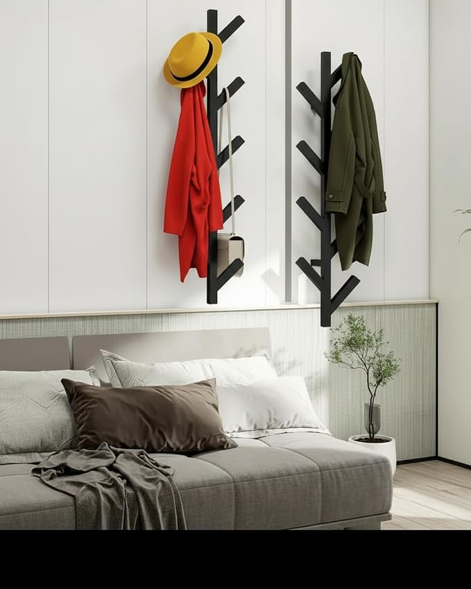 Vlush 2Pack Wall Mounted Coat Rack - 9 Hooks, Modern Metal Design, for Hats, Coats, and Bags - Suitable for Entryways and Bedrooms - Black (37.8" Height)