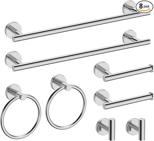 USHOWER 8PCS Polished Chrome Bathroom Hardware Set, 18-Inch Towel Bar Set | Durable SUS304 Stainless Steel Bathroom Accessories Set, Towel Racks for Bathroom Wall Mounted, Modern Home Decor