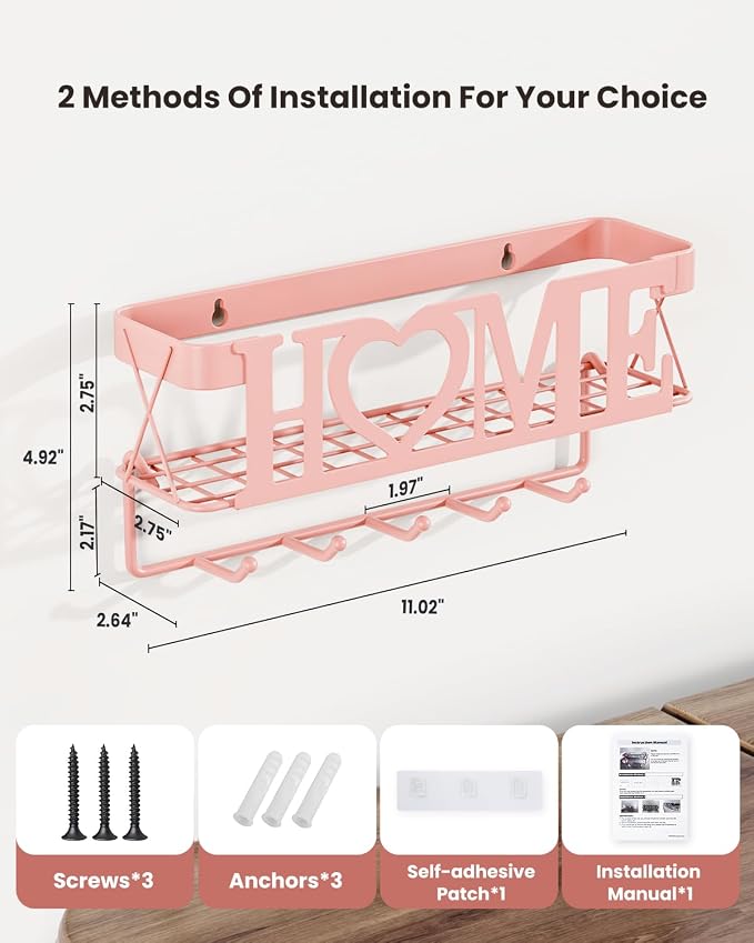 Key Holder for Wall - Adhesive Key Rack with 5 Key Hooks, 11.02" L×2.75" W×4.92" H, Key and Mail Organizer Wall Mount, Key Hanger for Wall, Entryway, House, Living Room Decor(Pink)