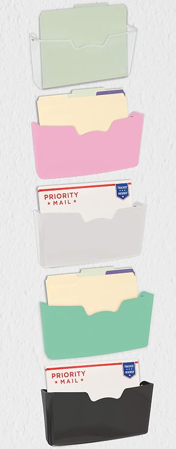 Simple Houseware Wall Mount Single Pocket Hanging File Holder, 5-Pack | Assorted Colors, Wall File Holder Organizer for Paper and Documents